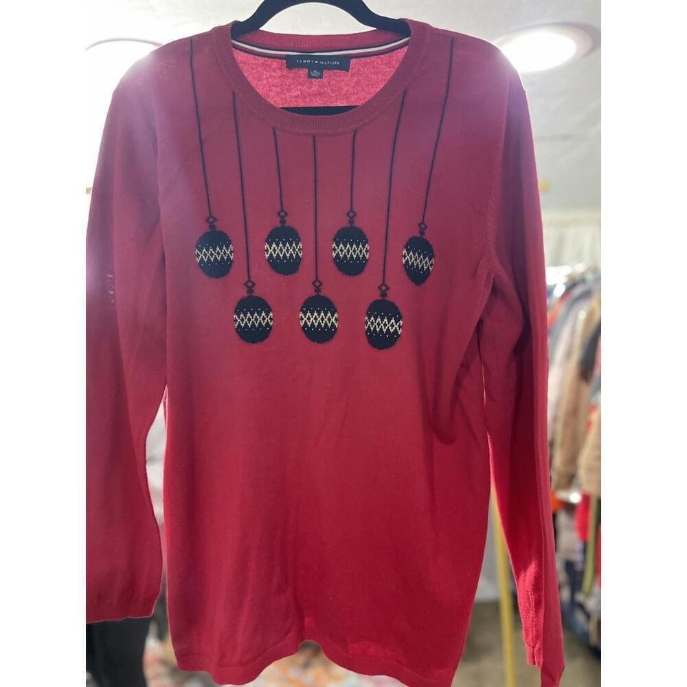 Tommy Hilfiger Women XL Holiday Red Christmas  Ornament Crew Neck Cotton Sweater